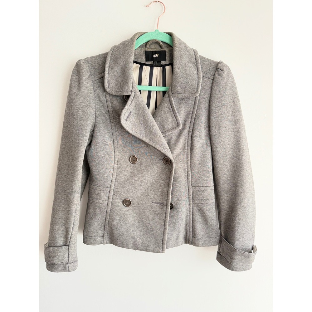 H&M Womens Gray Jersey Knit Double Breasted Peacoat Jacket Preppy Fall Size 8